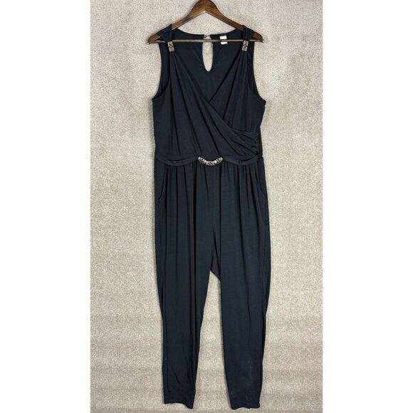 Torrid Wrap Jumpsuit Womens Plus 2 Black/Gold V Neck Sleeveless Stretch Jersey - Picture 2 of 11